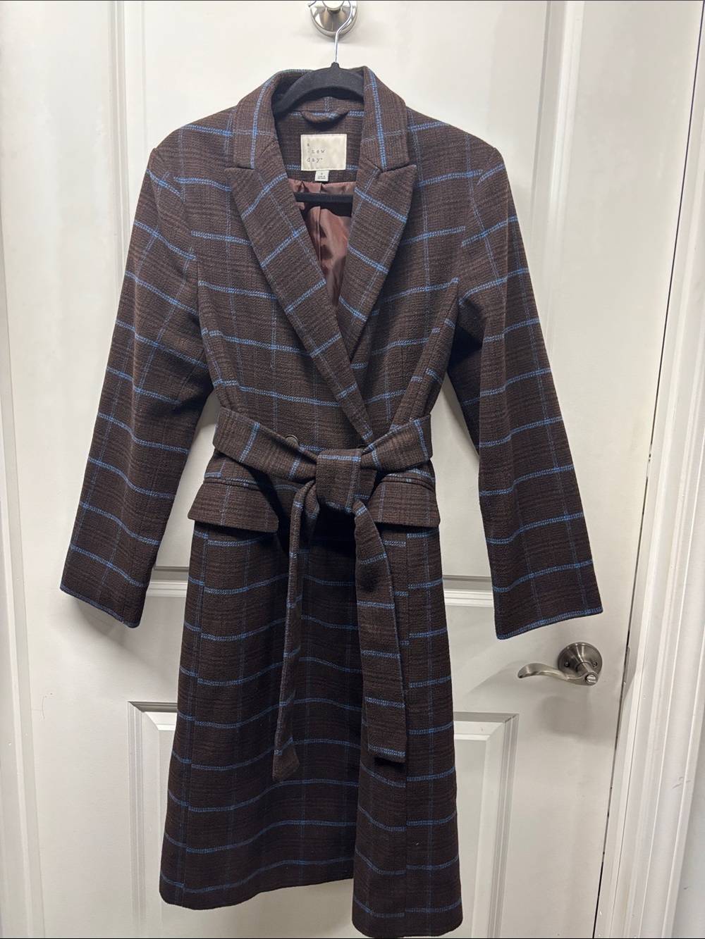 A New Day Brown Plaid Belted Long Coat with Blue Windowpane
